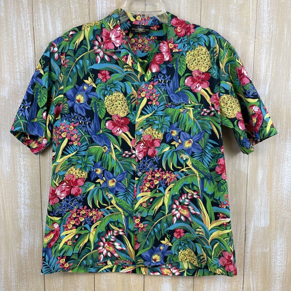 Royal Creations Hawaiian Pink Green Floral Birds Mens Shirt Sz L Made in Hawaii - Picture 2 of 10